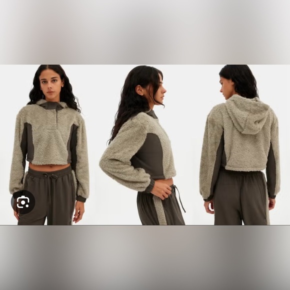 NWT GIRLFRIEND COLLECTIVE- Fleece Cropped Anorak Brown black Large - Picture 9 of 9